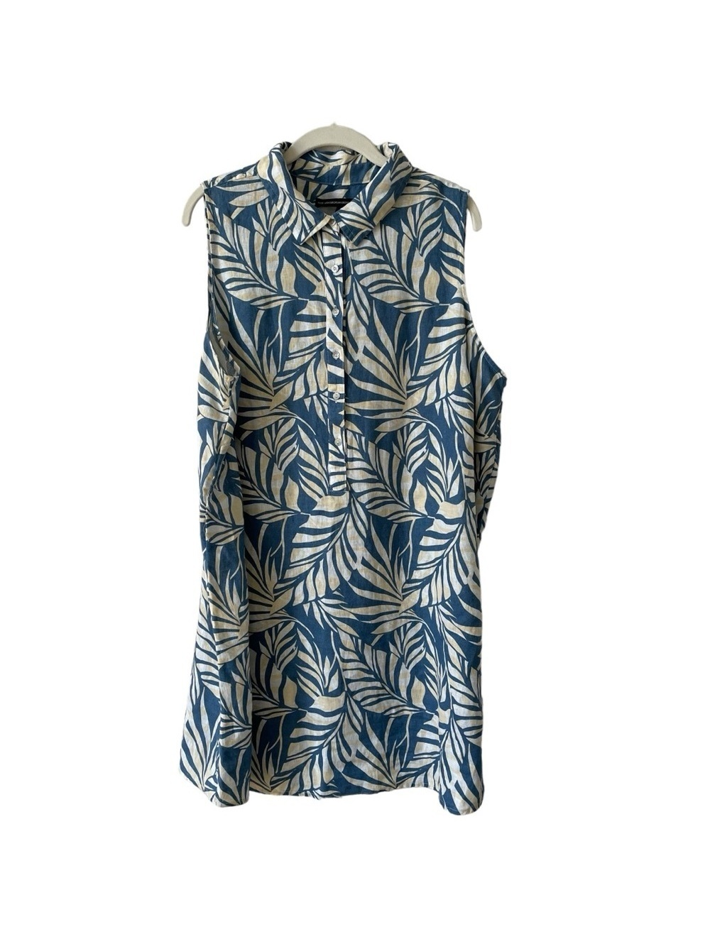 Tahari 100% Linen Blue Palm Print Tunic Top Size 1X Coastal Tropical Lagenlook